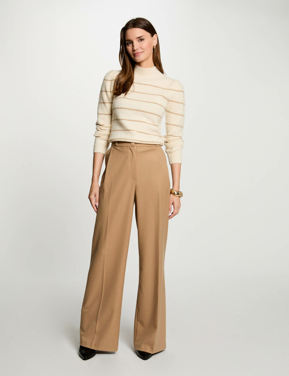 Pull col montant rayé ivoire femme