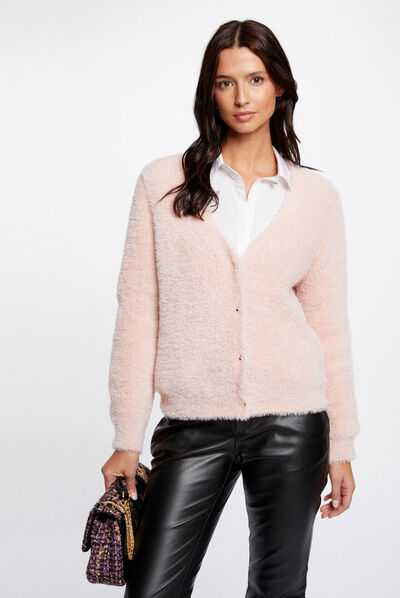 Gilet manches longues col en V rose femme