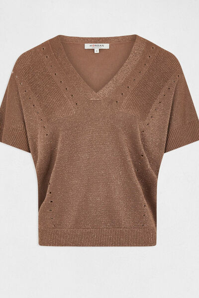 Pull manches courtes à col en V rouille femme