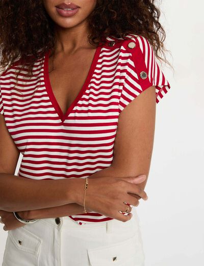 T-shirt ray&eacute; col v blanc femme