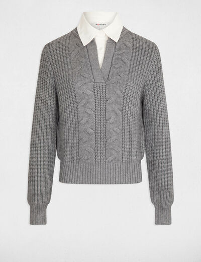 Pull col chemise gris moyen femme