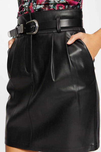 Jupe droite ceinturée simili cuir noir femme
