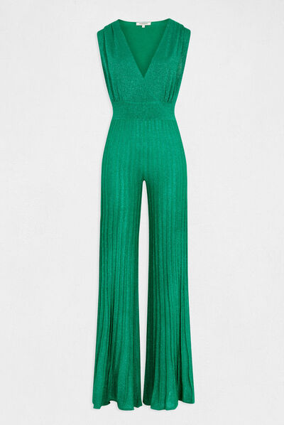 Combinaison jambes larges plissées vert moyen femme