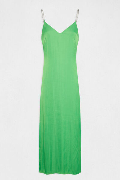 Robe longue évasée fendue satin vert clair femme