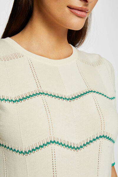 Pull manches courtes à rayures vert moyen femme