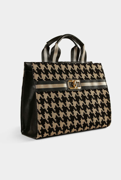Sac cabas imprimé pied de coq marron femme