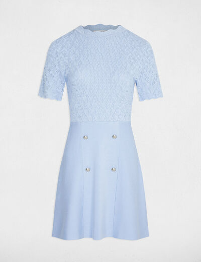 Robe tricot courte col rond bleu ciel femme