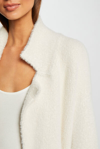 Gilet long droit maille duveteuse ivoire femme