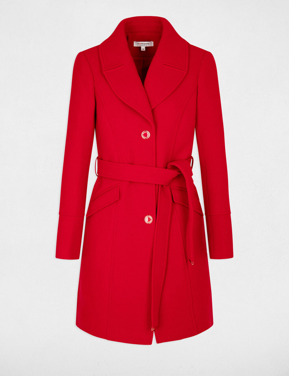 Manteau long ceintur&eacute; rouge femme