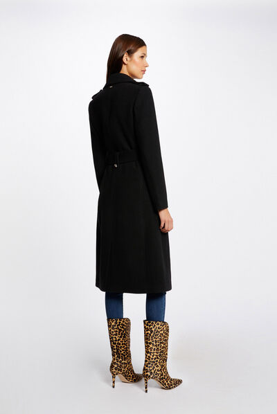 Manteau droit boutonné et ceinturé noir femme