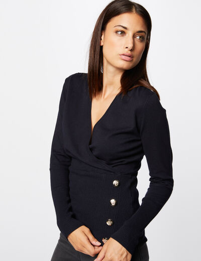 Pull manches longues &agrave; col effet crois&eacute; bleu marine femme