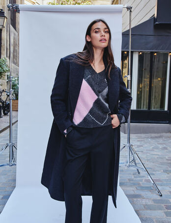 Manteau long col tailleur denim gris fonce femme