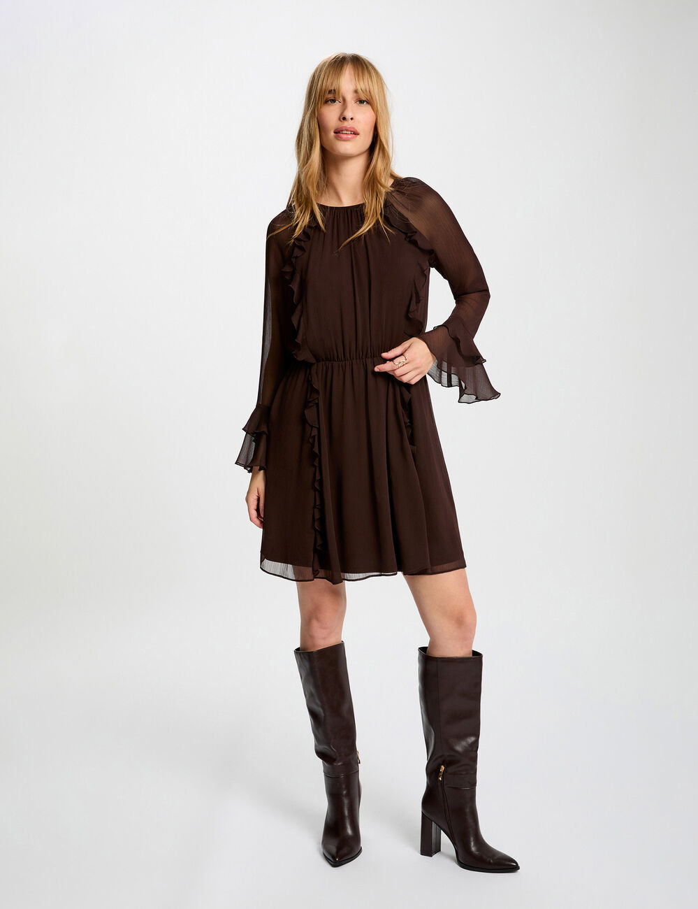 Robe courte fluide marron fonc&eacute; femme