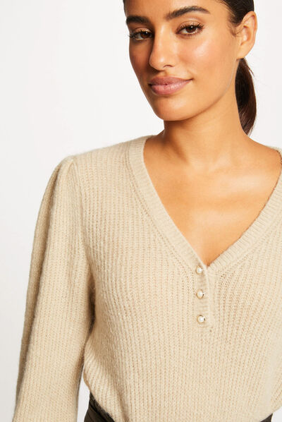 Pull manches longues à col en V beige femme