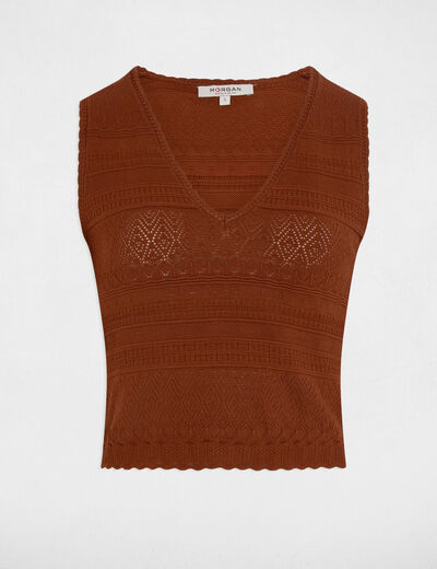 Top maille col en V marron cognac femme