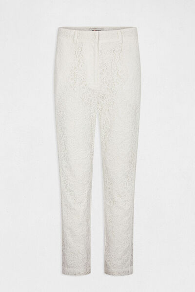 Pantalon droit en dentelle ecru femme