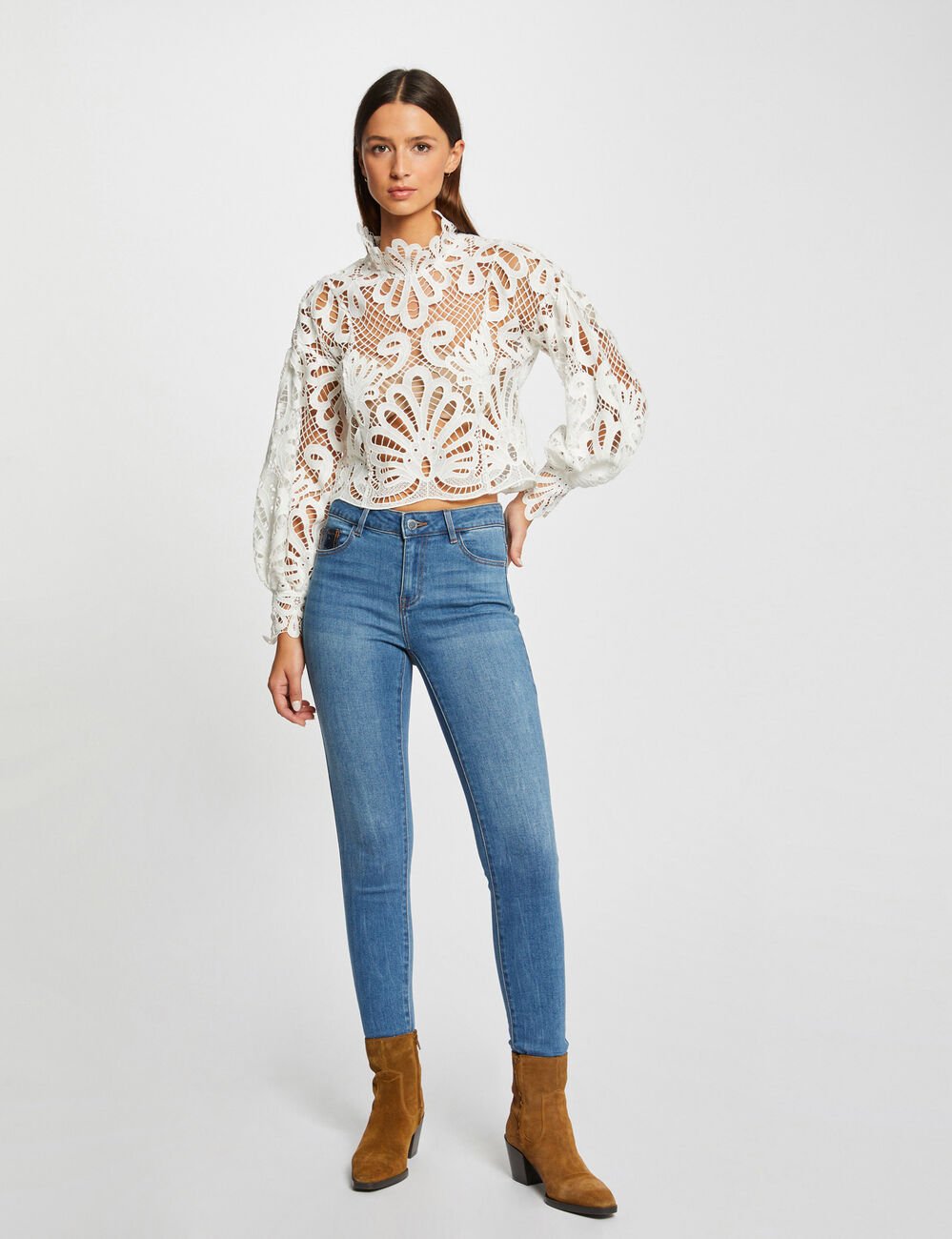 Blouse manches longues en dentelle ecru femme