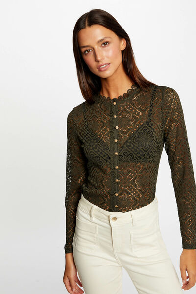 T-shirt manches longues en dentelle vert fonce femme