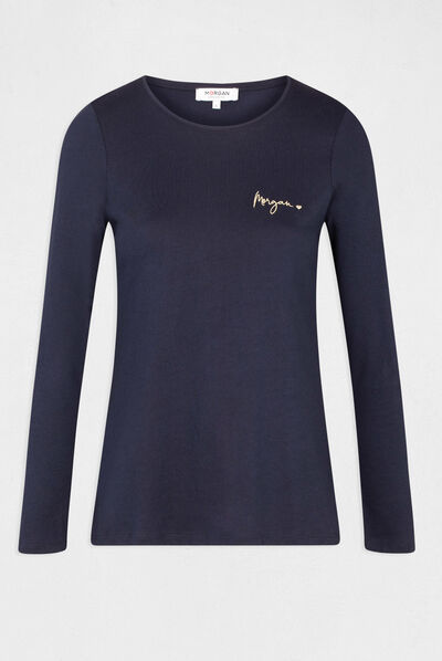 T-shirt manches longues à détails brodés marine femme