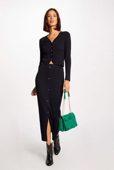 Jupe longue droite en tricot marine femme