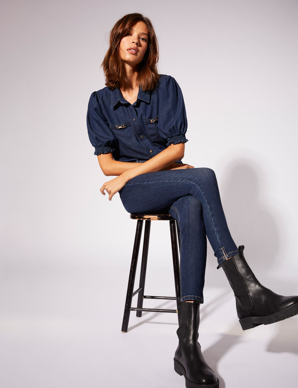 Chemise manches courtes en jean jean brut femme