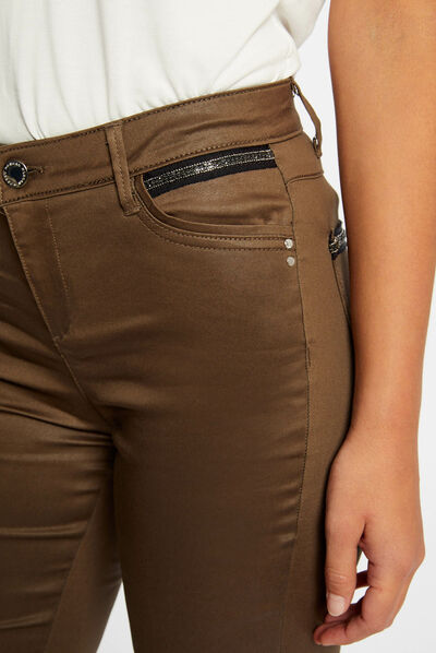Pantalon skinny enduit à détails bijoux vert moyen femme