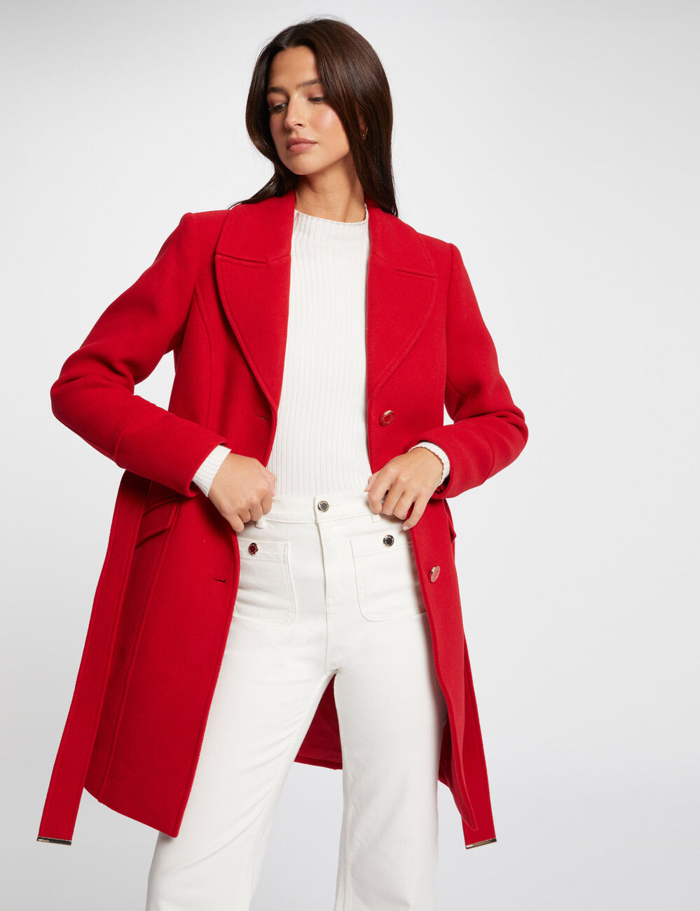 Manteau long ceintur&eacute; rouge femme