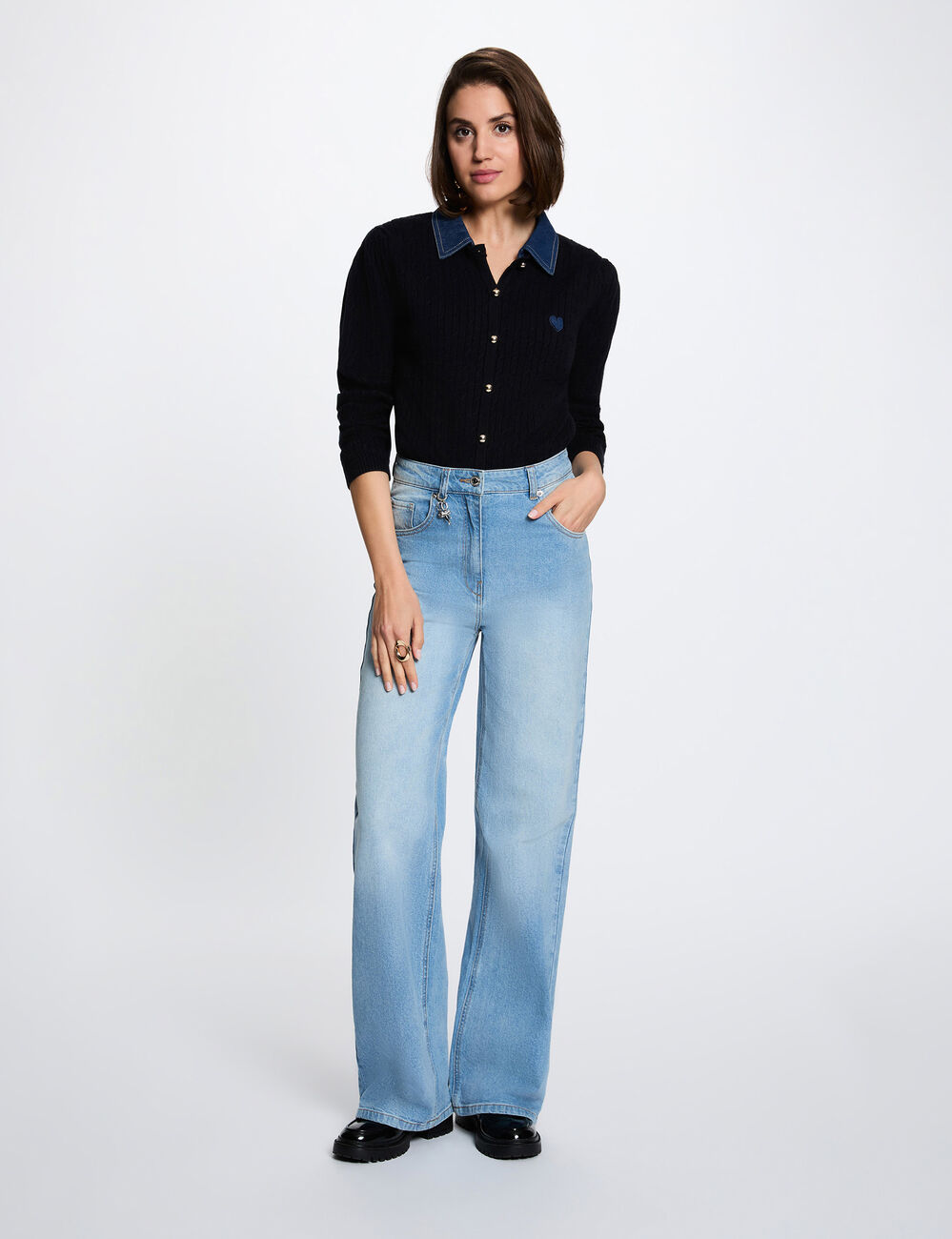 Pull col revers boutons bleu marine femme