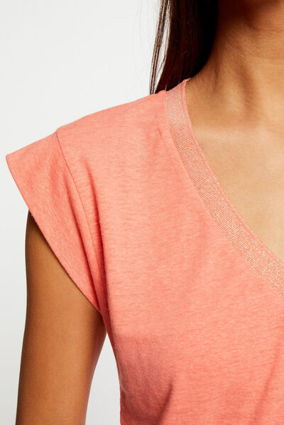 T-shirt manches courtes à col en V orange femme
