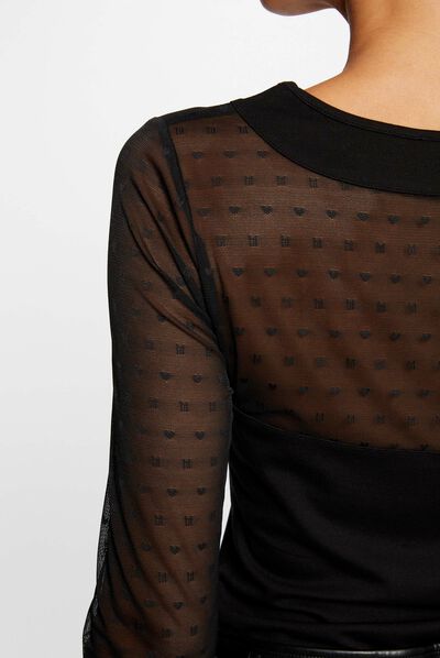 T-shirt manches longues à plumetis noir femme