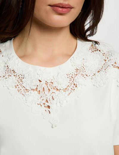 T-shirt dentelle col rond blanc femme