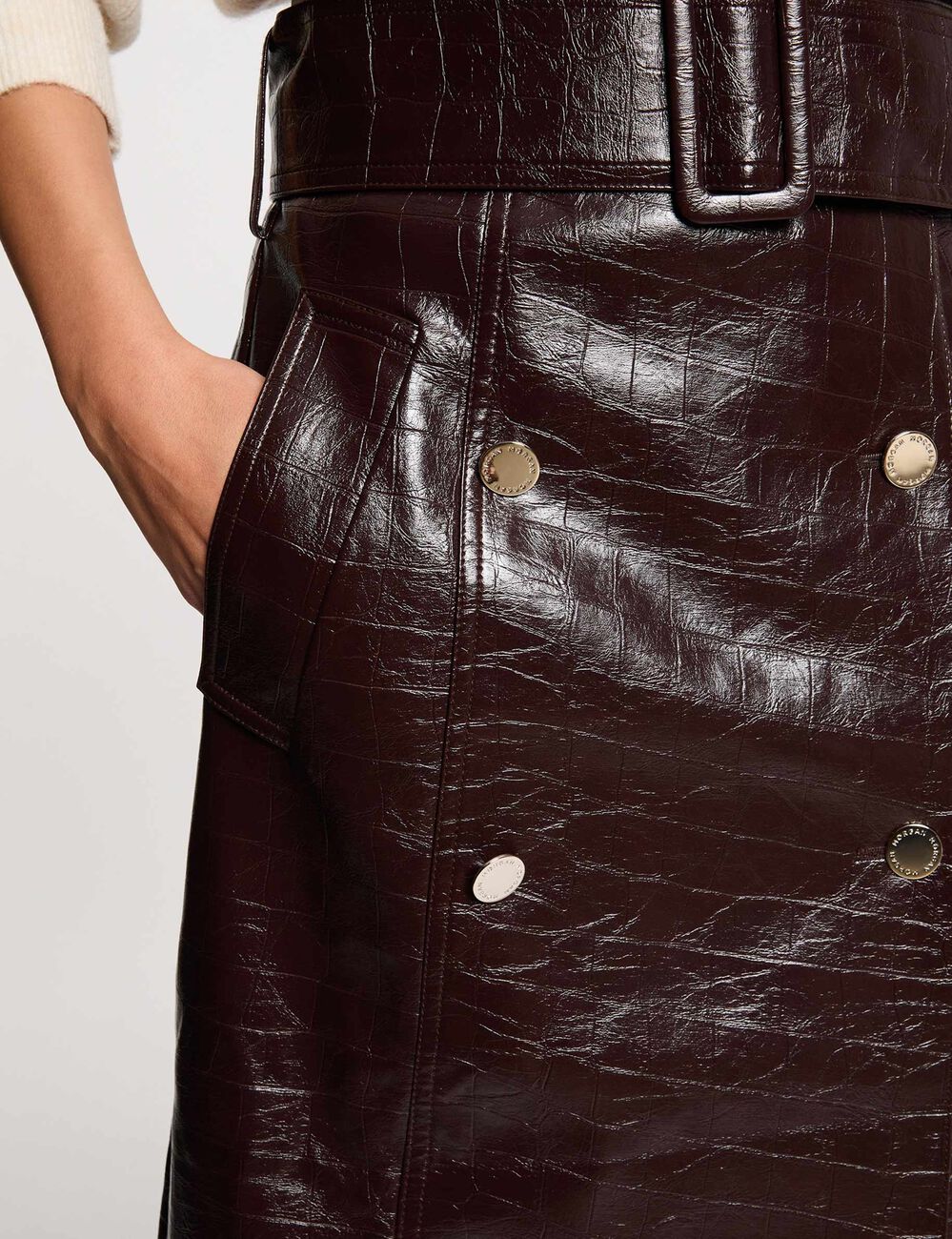 Jupe longue ceintur&eacute;e prune femme