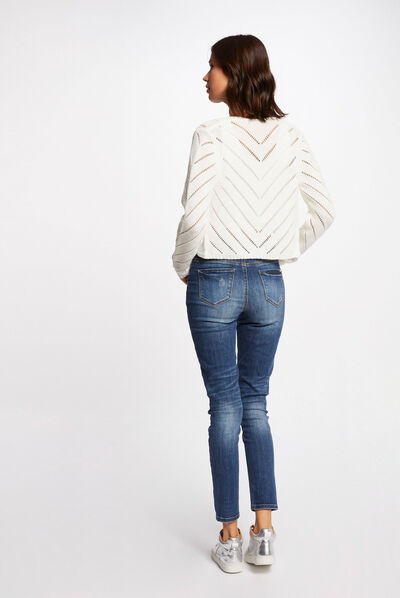Gilet manches longues à détails ajourés ecru femme