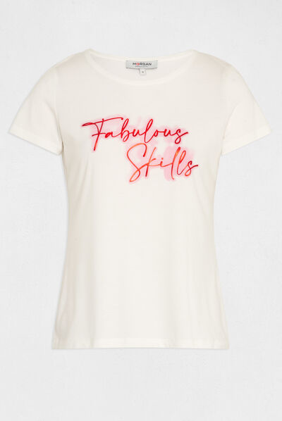 T-shirt manches courtes à inscription ecru femme