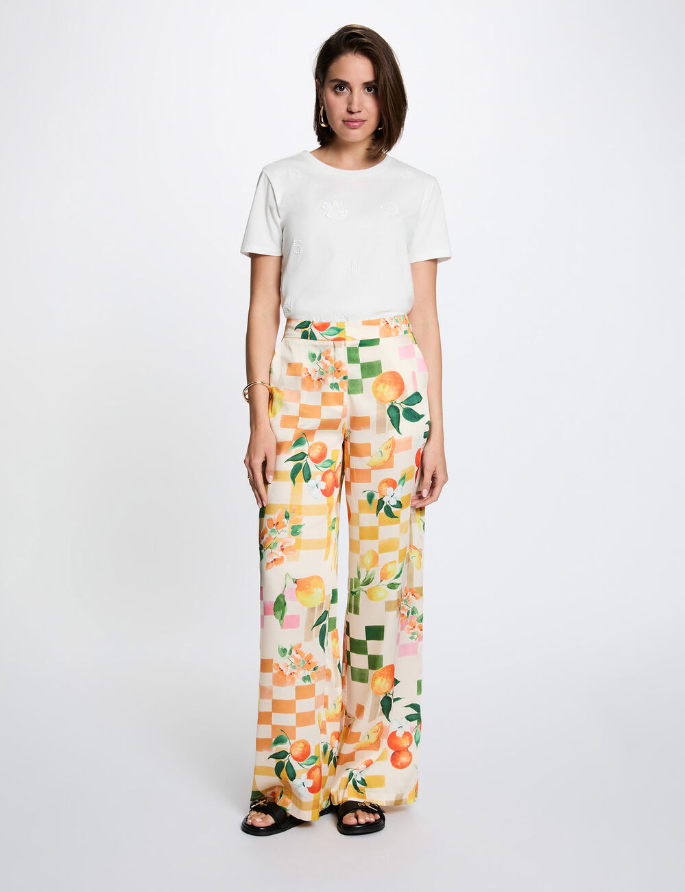 Pantalon large imprim&eacute; multicolore femme