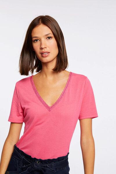 T-shirt manches courtes avec col en V fuchsia femme