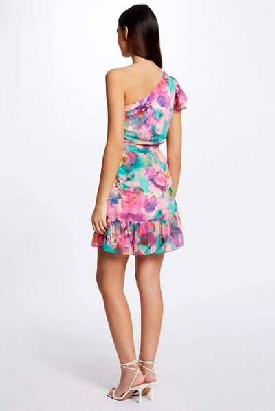 Robe ajustée drapée asymétrique imprimée multico femme