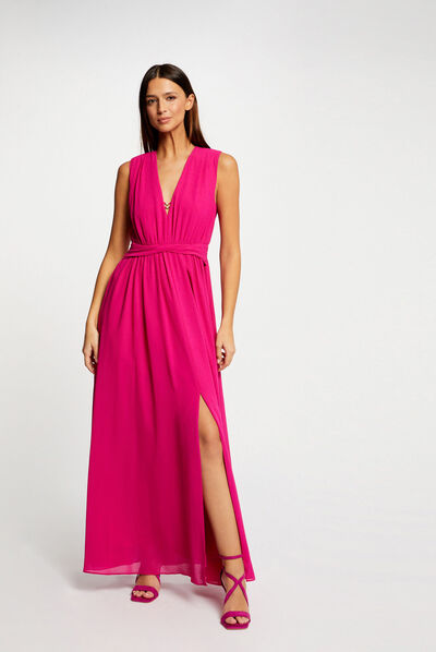 Robe longue évasée fendue rose fonce femme