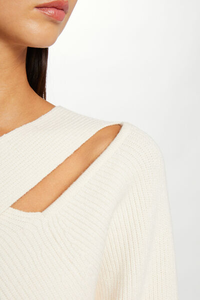 Pull manches longues à ouvertures ivoire femme