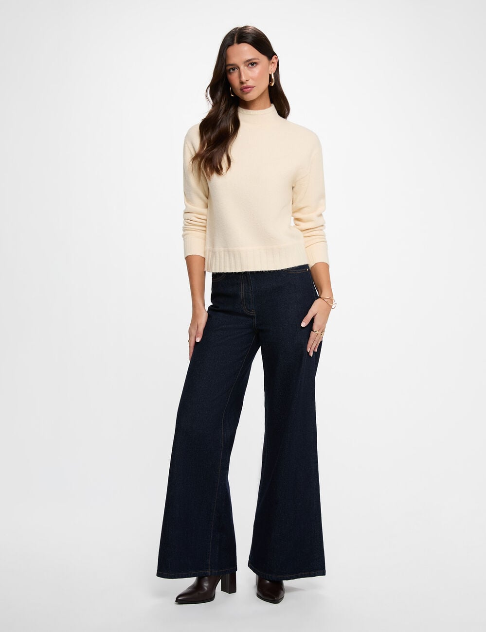 Pull col montant beige femme
