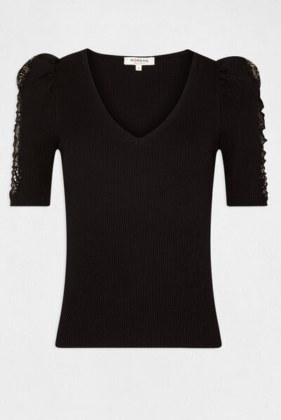 Pull manches courtes avec dentelle noir femme