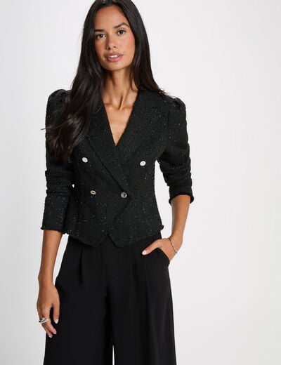 Veste tweed cintr&eacute;e noir femme