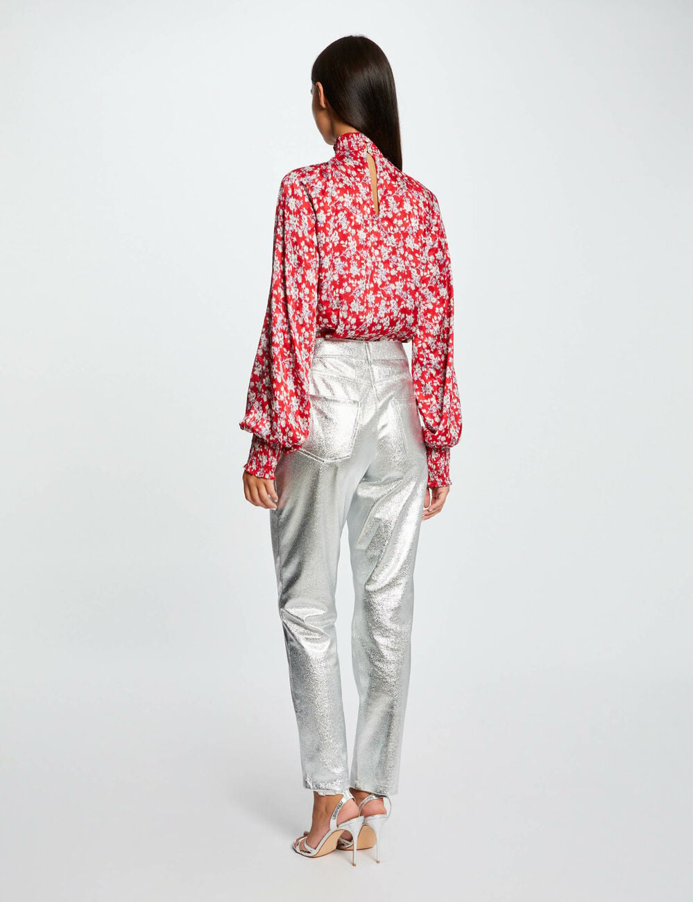 Pantalon droit simili cuir m&eacute;tallis&eacute; argente femme