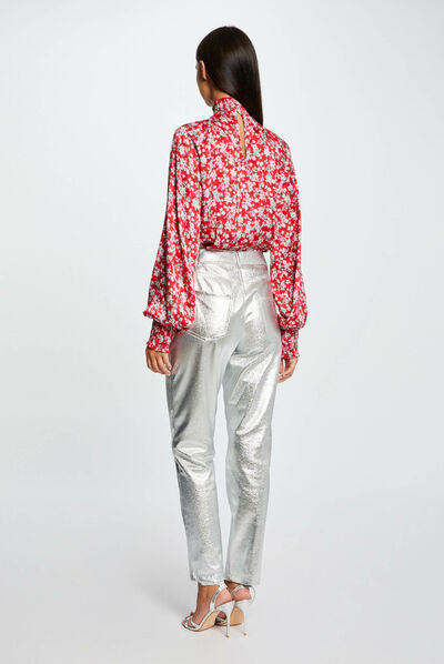 Pantalon droit simili cuir métallisé argente femme