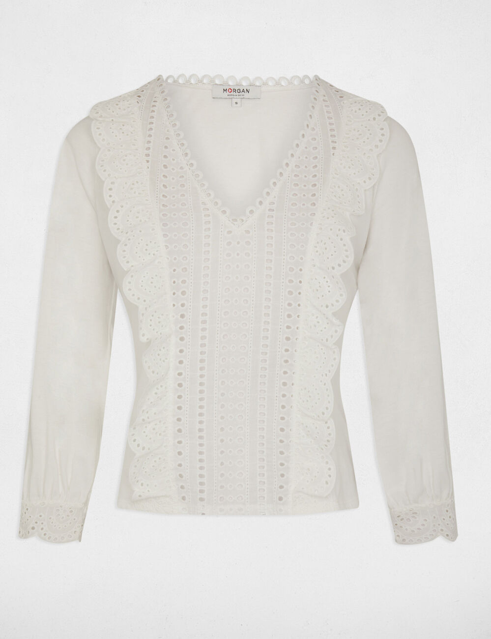 T-shirt manches 3/4 broderie ecru femme
