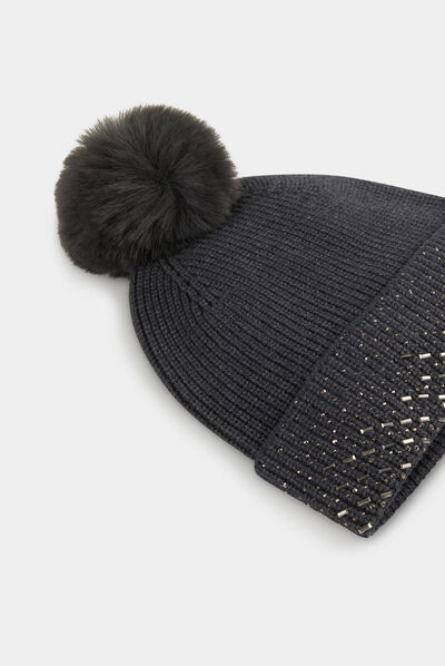 Bonnet avec strass et pompon gris moyen femme