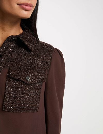 Chemise tweed col &agrave; revers marron fonc&eacute; femme