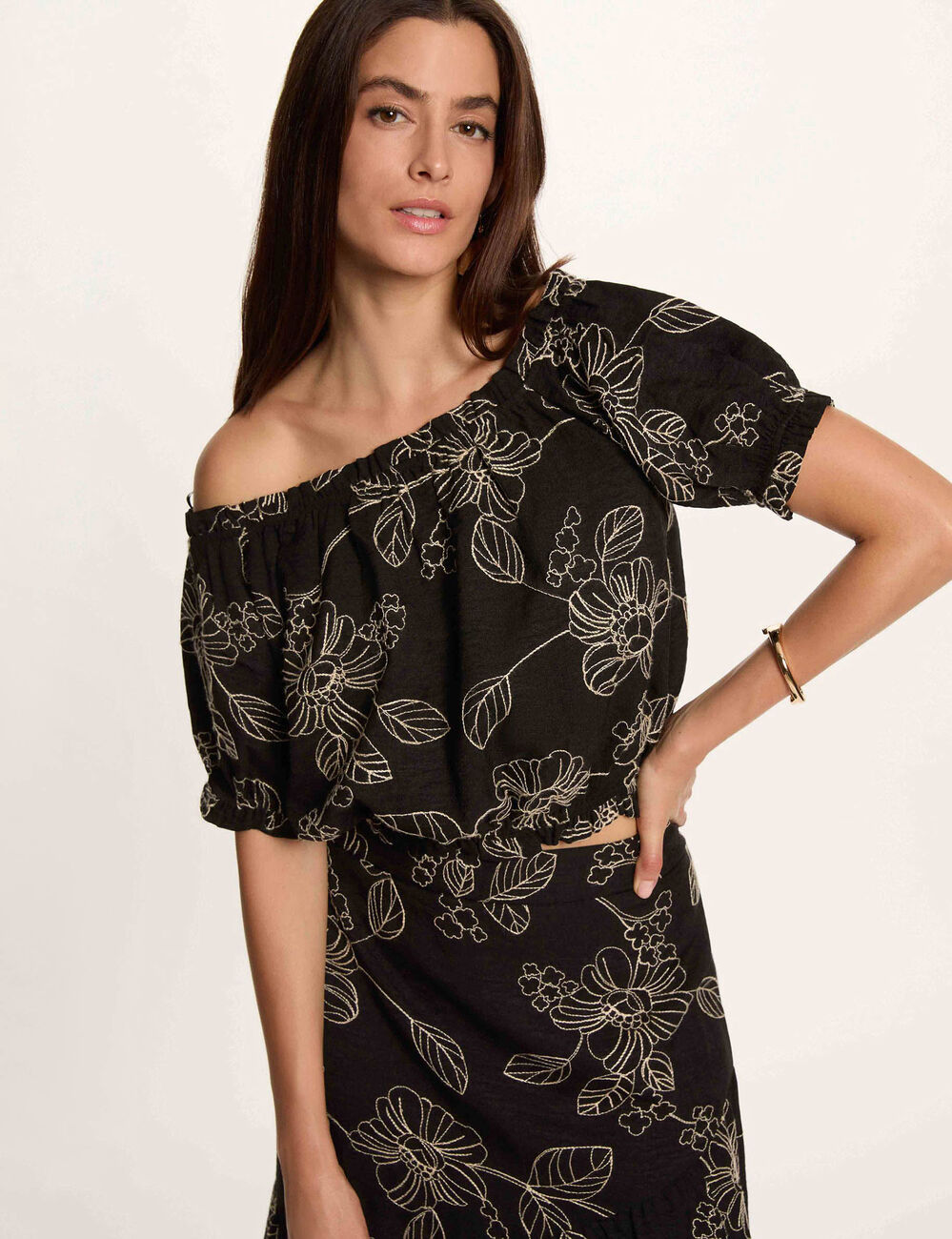 Top brod&eacute; col bardot multicolore femme