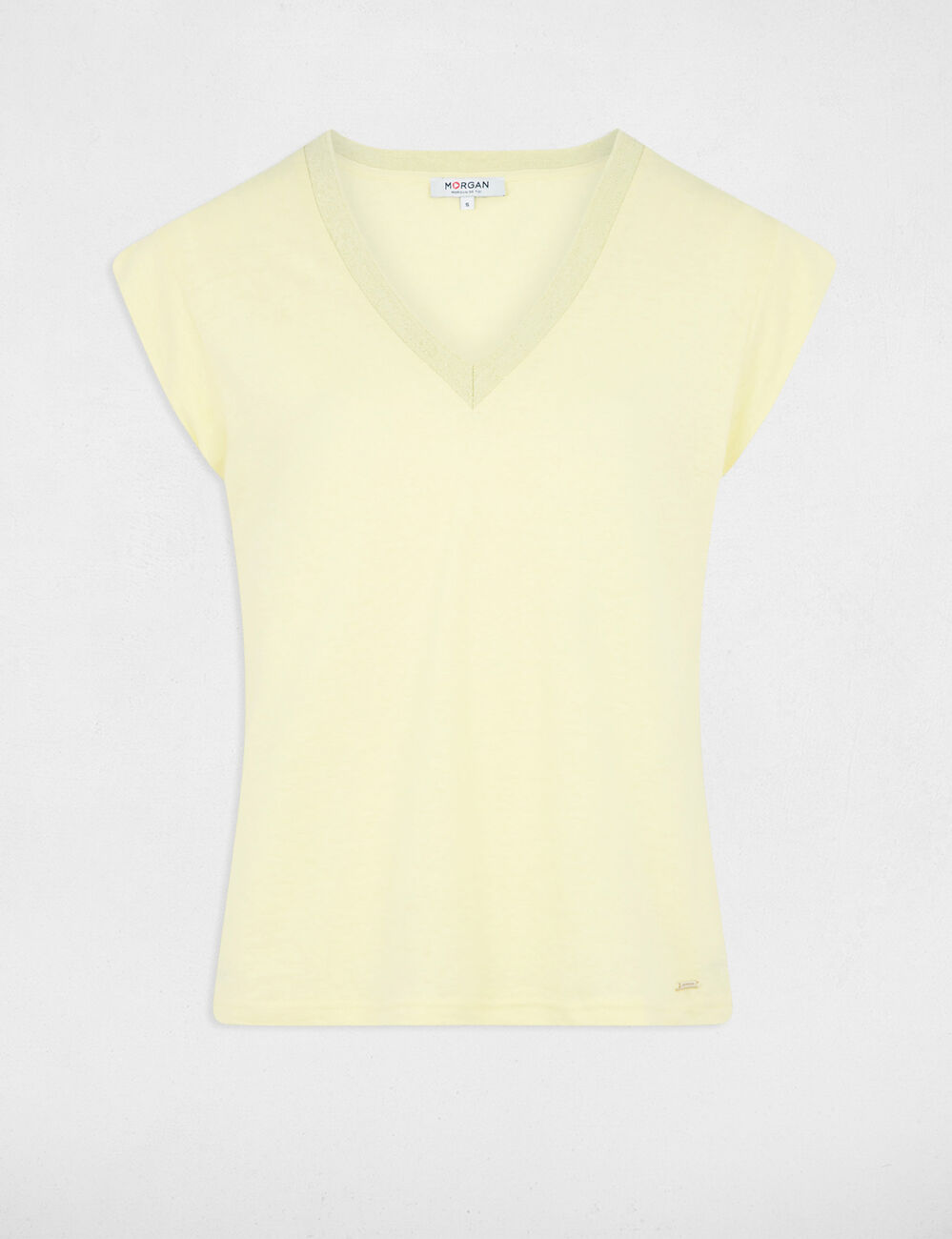 T-shirt manches courtes à col en V jaune clair femme