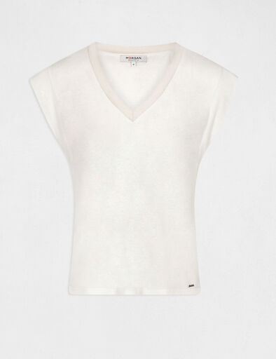 T-shirt manches courtes à col en V ivoire femme